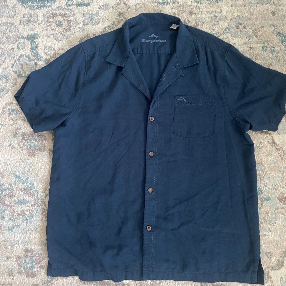 Tommy Bahama Men’s XL Dark Blue Short Sleeve Shirt Shirt 70% Silk 30% Polyester